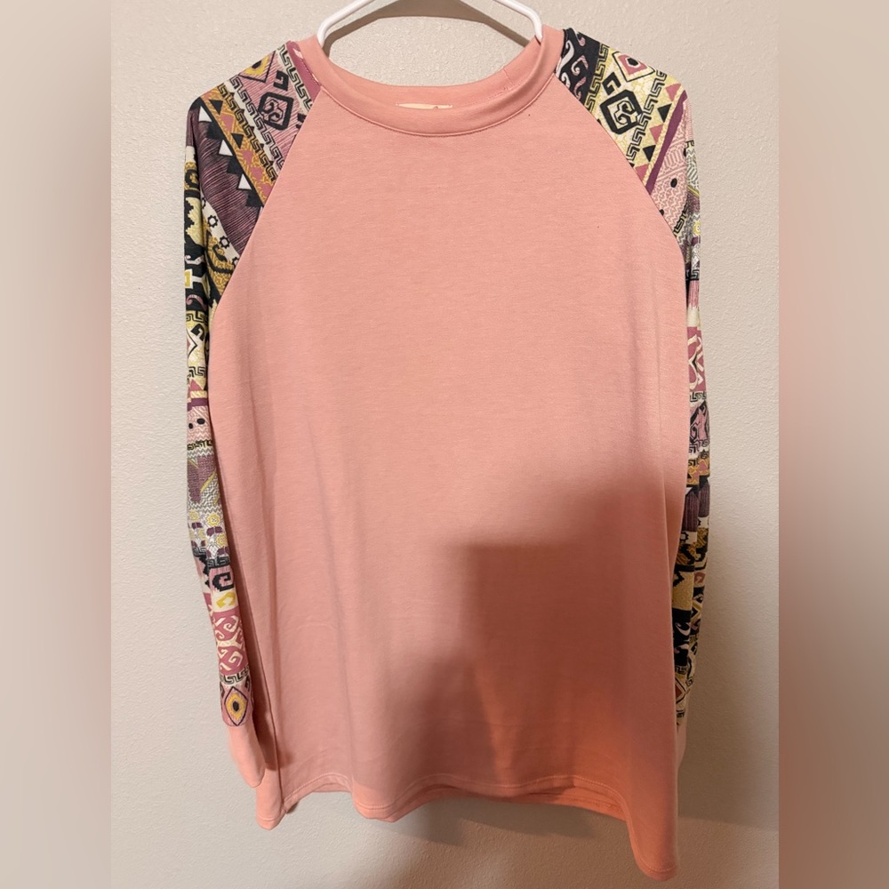 Avery Pink Raglan Sweatshirt with Patterned Multicolor Sleeves